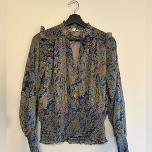Elan Blue Multi Floral Tie-Neck Smocked Bohemian Blouse Ruffled Neckline Size S
